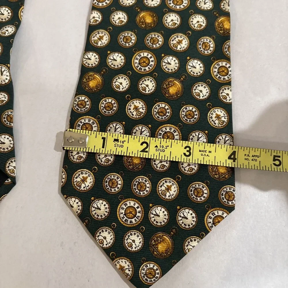 Banana Republic MEN'S TIE  Green With AOP Gold Pocket Watches, Silk, 4” X 58”
